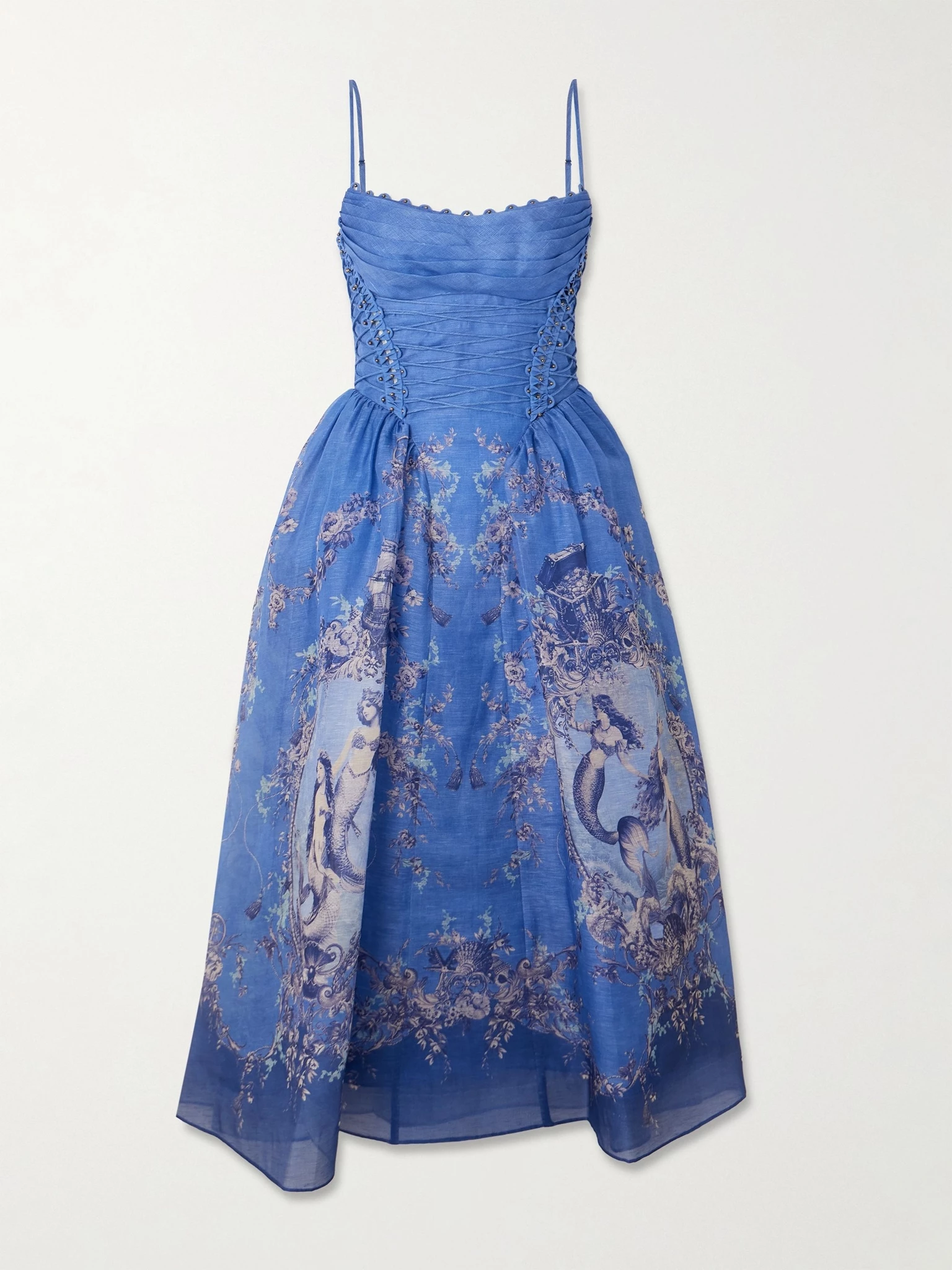 Rebellion lace-up embellished pleated gathered printed linen and silk-blend midi dress Zimmermann
