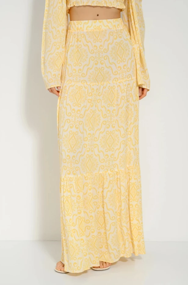 Maxi φούστα με βολάν, σούρες και boho print Pink Woman