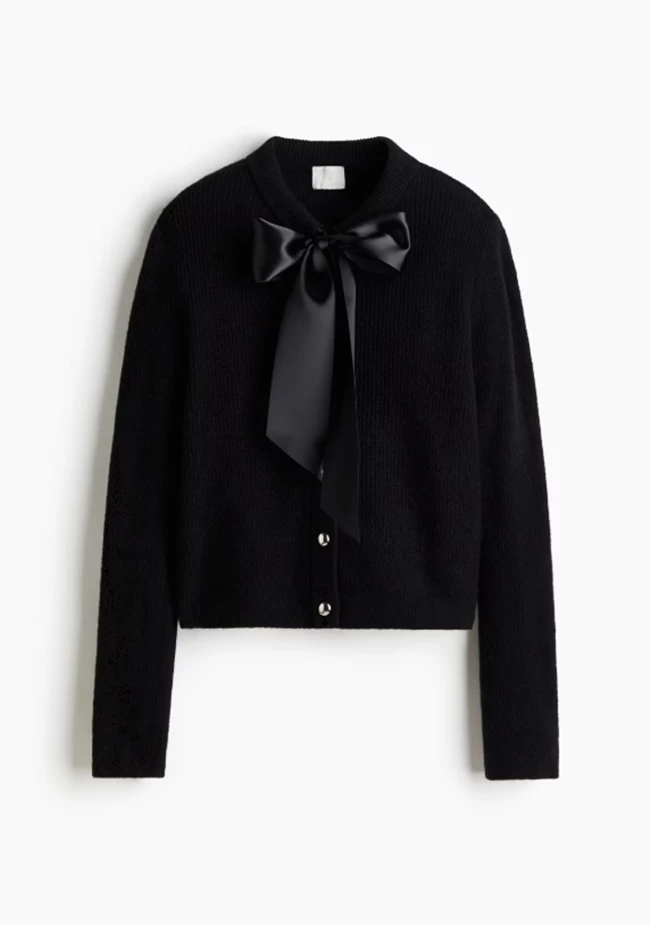 Ζακέτα με μαλακή πλέξη ριμπ και μεγάλο σατέν φιόγκο μπροστά, H&M