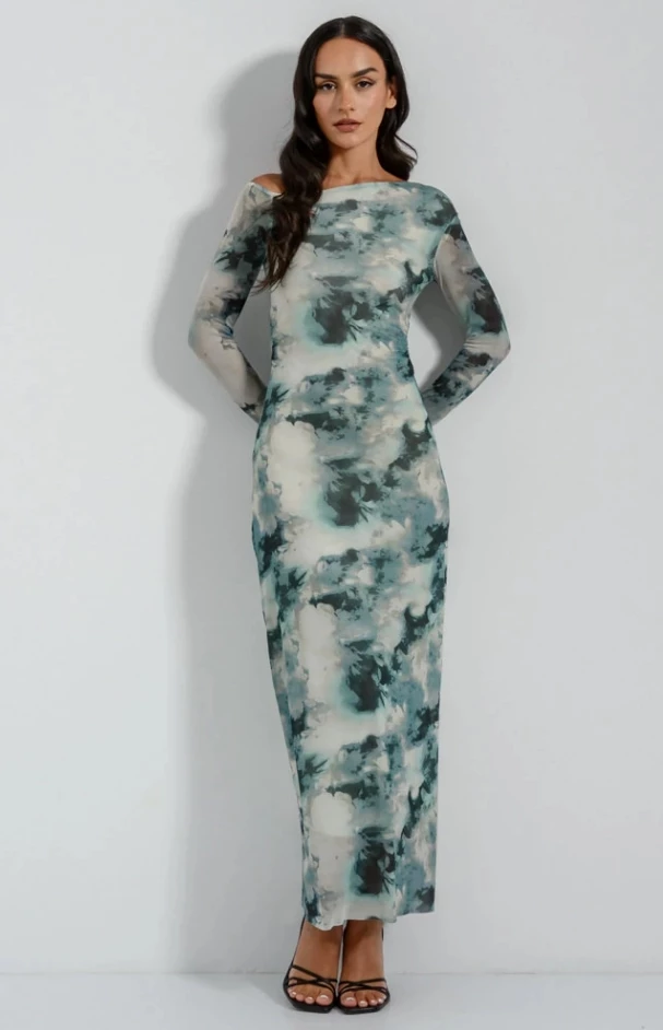 Midi boat-neck φόρεμα από τούλι με print Pink Woman