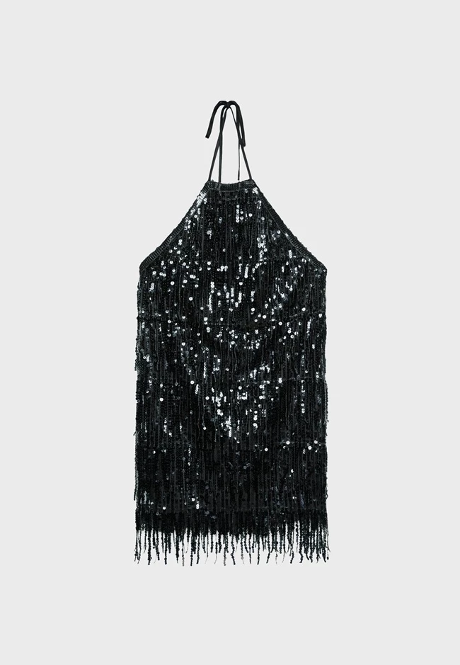 Κοντό φόρεμα με λαιμόκοψη halter και παγέτες, Stradivarius