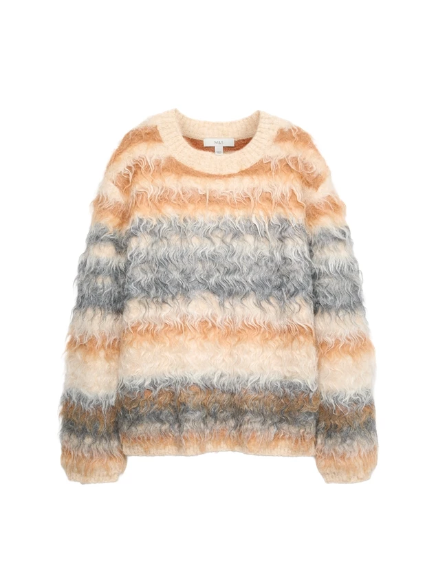 Ριγέ πουλόβερ με κλειστή στρογγυλή λαιμόκοψη σε χαλαρή γραμμή με μαλλί στη σύνθεση