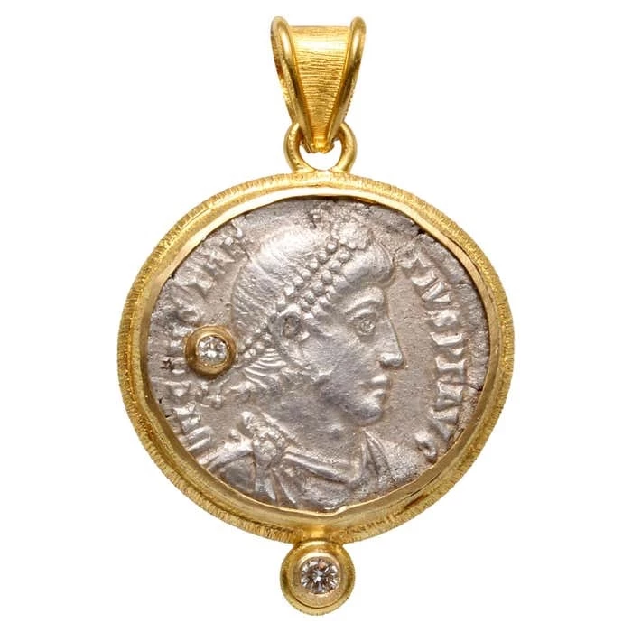 Ancient Roman 4th Century AD Constantius II Coin Diamonds 18K Gold Pendant