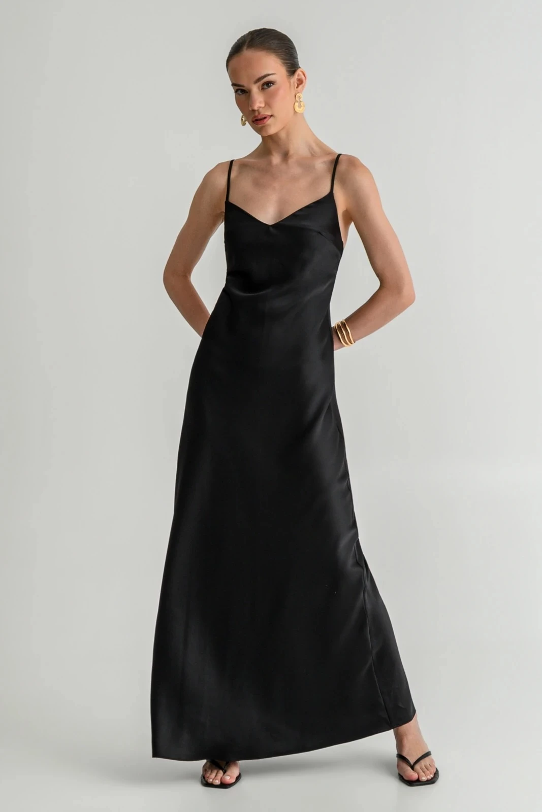 Maxi dress with satin effect and thin straps Pink Woman