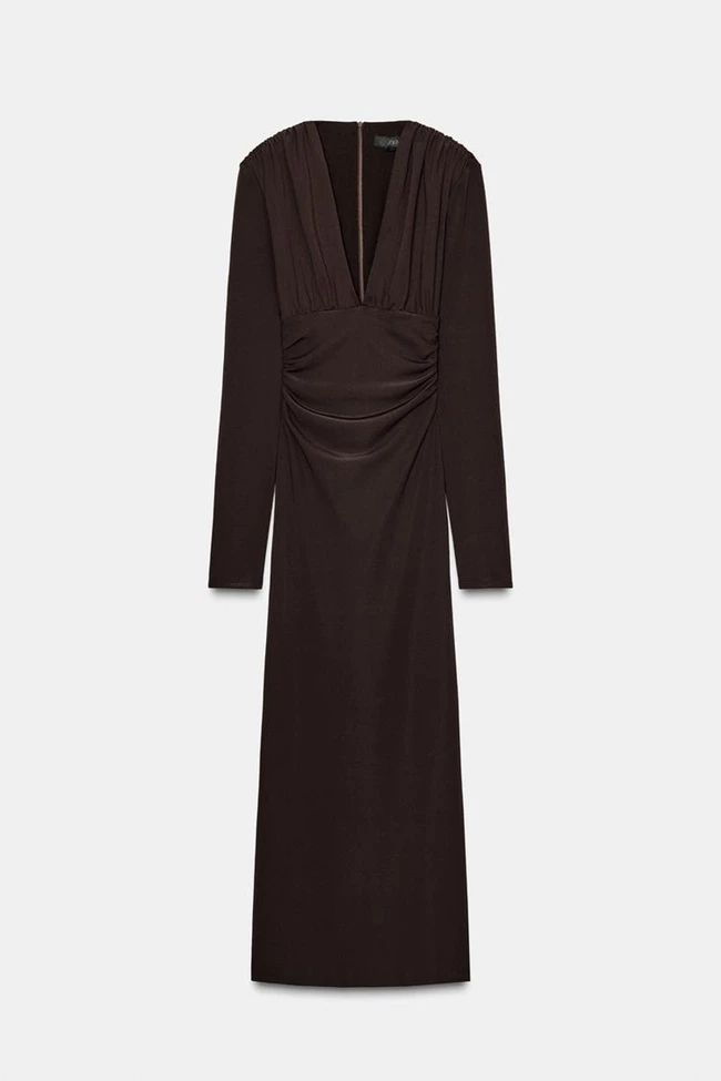 Μίντι φόρεμα με V ντεκολτέ και μακρύ μανίκι με βάτες, Zara