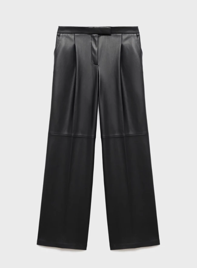 Παντελόνι wide leg με δερμάτινη όψη, Mango