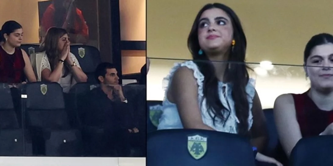 Η Αθανασία Μαρινάκη αγχωμένη μαζί με τις κόρες της στην Opap Arena | Η σπάνια εμφάνιση της Ειρήνης και της Ελένης Μαρινάκη