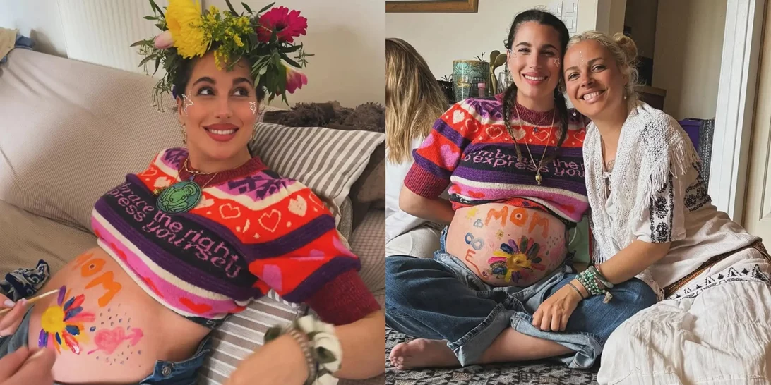 Παυλίνα Βουλγαράκη | Εναλλακτικό baby shower στο εξοχικό με body painting και λουλούδια λίγο πριν γεννήσει