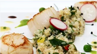 Σαλάτα με κινόα, πουρέ από αρακά και ψητά χτένια