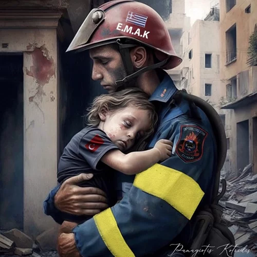 "Είμαι εδώ για σένα" | Η viral εικόνα που φιλοτέχνησε υποστράτηγος της Πυροσβεστικής για να τιμήσει την προσπάθεια των Ελλήνων διασωστών