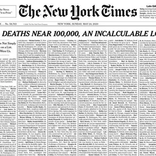 New York Times | Το συγκλονιστικό πρωτοσέλιδο για τα θύματα του Covid-19