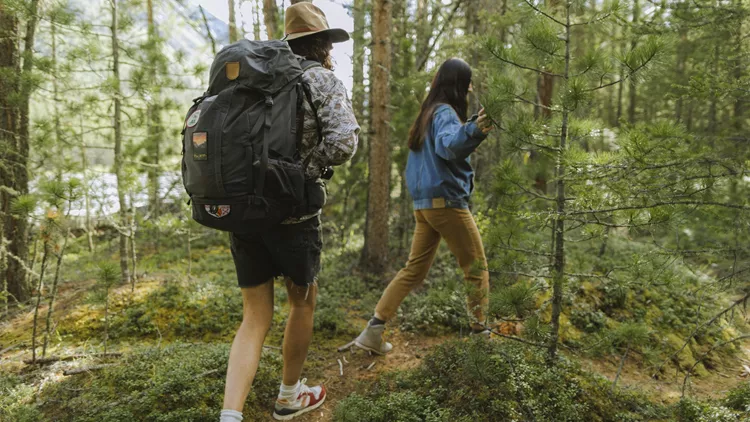 Man in Brown and White Long Sleeve Shirt Carrying Black Backpack Walking on Forest