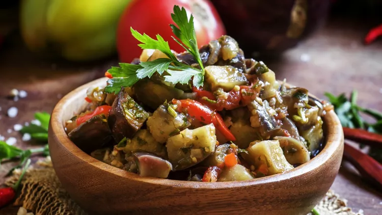 Traditional Caucasian saute from stewed eggplants