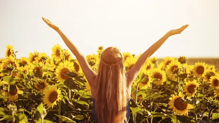 Woman enjoys in sunflower field