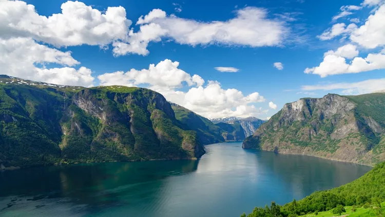 Aurlandsfjord against scenic blue sky, Norway