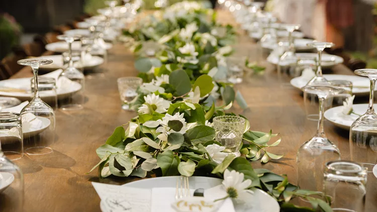 Wedding table setting on a long wood table