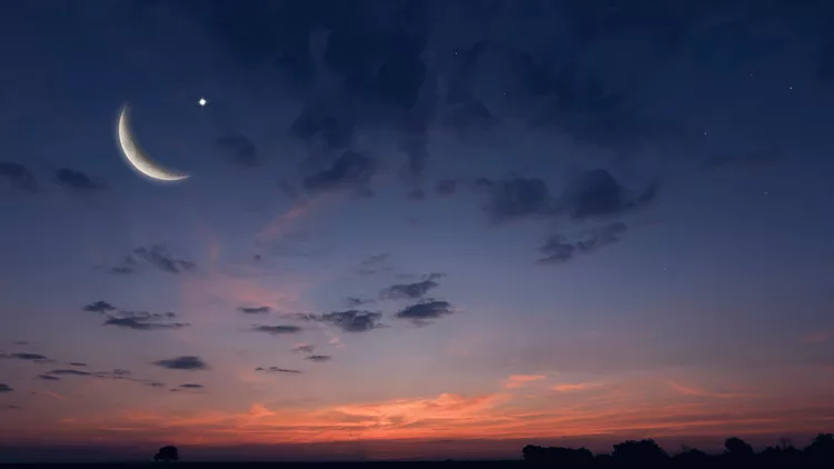 Night sky landscape and moon, stars, Ramadan Kareem celebration