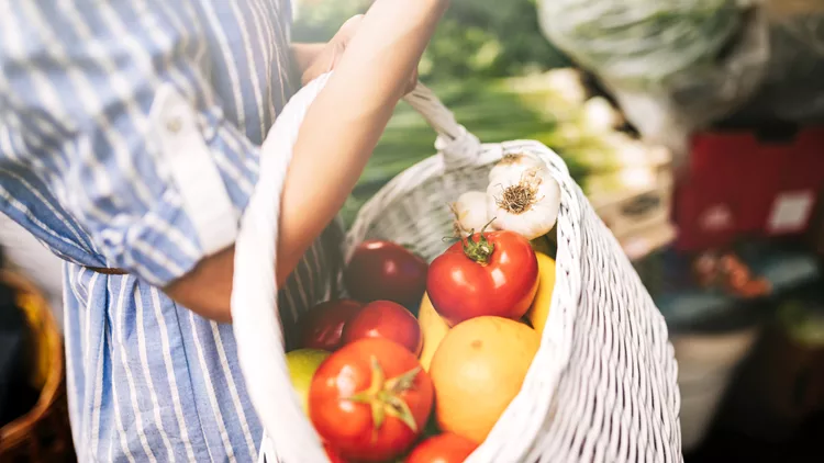 Close-up view of woman's basket full of groceries