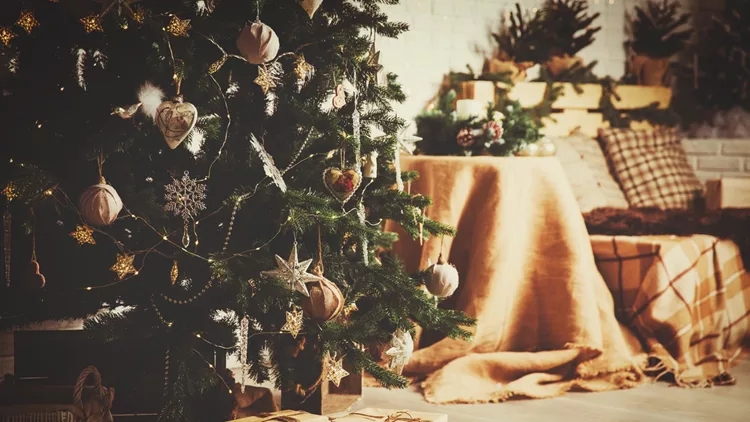 Christmas tree and presents in decorated living room