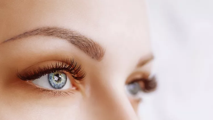 Eyelash Extension Procedure. Woman Eye with Long Eyelashes. Close up, selective focus