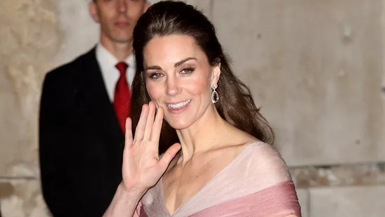 The Duchess Of Cambridge Wears A Delicate Pink Gucci Gown As She Leaves The 100 Women In Finance event At The Victoria &amp; Albert Museum.