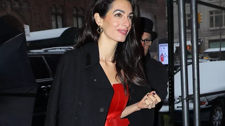 Amal Clooney Looks Radiant In A Red Jumpsuit While Returning Back At Her Hotel, After Attending Meghan Markles Baby Shower In NYC