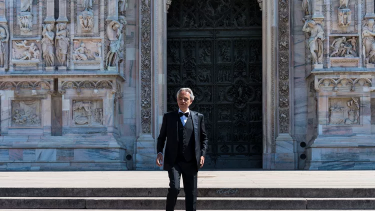 Andrea Bocelli Arrives In Milan (Duomo) Cathedral During Covid-19 Epidemy
