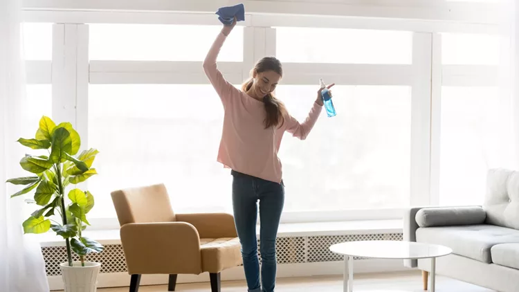 Cheerful woman makes house cleaning holding rag spray bottle detergent