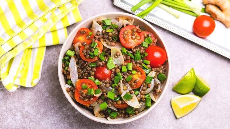 Indian lentil salad with veggies. Healthy food, vegetarian and vegan