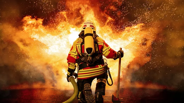A firefighter kneels before the fire