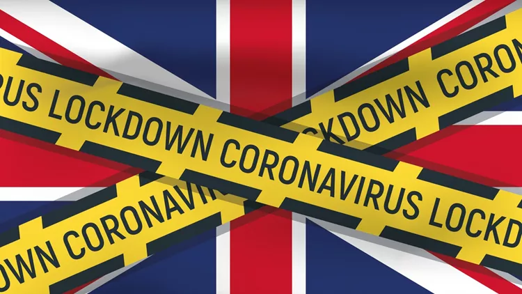 Great Britain flag icon and logo, coronovirus lockdown, covid 19, world epidemic, pandemic. Realistic, 3D vector illustration.