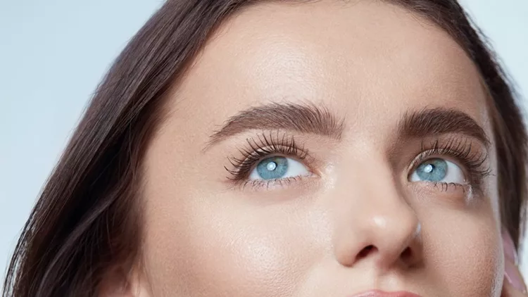 Beauty. Beautiful Woman Touching Face Close Up Portrait. Blue-Eyed Brunette Model With Perfect Skin And Natural Makeup Looking Away.