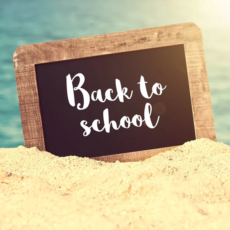 Back to school written on a vintage chalkboard in the sand of a beach