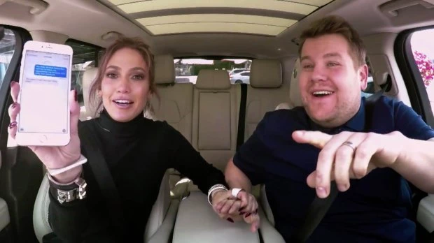 ****Ruckas Videograbs**** (01322) 861777 *IMPORTANT* Please credit CBS for this picture. 30/03/16 The Late Late Show with James Corden Grabs from en exclusive web version of last night's Carpool Karaoke which starred Jennifer Lopez. J.Lo and James Corden sang along to some of her biggest hits, including "Jenny From The Block" and "On The Floor" before she allowed Corden to go through her phone contacts. After scrolling through and seeing the likes of Iggy Azalea, Bradley Cooper, Demi Lovato, Cristiano Ronaldo, Fergie, Chris Brwon and Dwayne 'The Rock' Johnson, Corden sent a text to Leonardo DiCaprio which said ìHey baby, Iím kind of feeling like I need to cut loose. Any suggestions? Let me know, J.Lo (From the Block)." Leo replied to the text and said "You mean tonight boo boo? Club wise?" Office (UK) : 01322 861777 Mobile (UK) : 07742 164 106 **IMPORTANT - PLEASE READ** The video grabs supplied by Ruckas Pictures always remain the copyright of the programme makers, we provide a service to purely capture and supply the images to the client, securing the copyright of the images will always remain the responsibility of the publisher at all times. Standard terms, conditions & minimum fees apply to our videograbs unless varied by agreement prior to publication.
