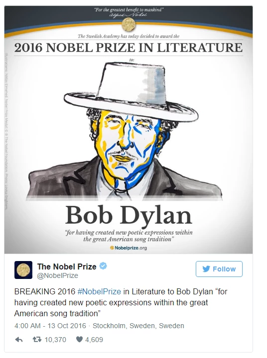 Bob Dylan: Του απονεμήθηκε το Νόμπελ Λογοτεχνίας 2016