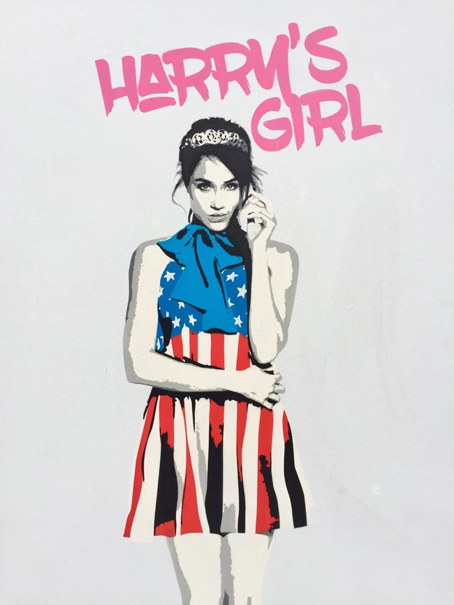 Prince Harry's girlfriend, actress Meghan Markle is the subject of this new street art in London. The piece, by artist Pegasus, shows the Suits star wearing a tiara and stars and stripes dress, standing next to two Queen's Guards along with the words 'Harry's Girl'.  Pegasus, who was born in the US but now lives in London, finished the latest of his stencil paintings on a wall in the north of the city this weekend. "I was very fascinated by Meghan Markle and her relationship with Prince Harry," the artist told a London newspaper.  *Must credit Splash/PegasusStreetArt.com* Pictured: Meghan Markle street art by Pegasus Ref: SPL1397842  211116   Picture by: Splash/PegasusStreetArt.com Splash News and Pictures Los Angeles:	310-821-2666 New York:	212-619-2666 London:	870-934-2666 photodesk@splashnews.com Splash News and Picture Agency does not claim any Copyright or License in the attached material. Any downloading fees charged by Splash are for Splash's services only, and do not, nor are they intended to, convey to the user any Copyright or License in the material. By publishing this material , the user expressly agrees to indemnify and to hold Splash harmless from any claims, demands, or causes of action arising out of or connected in any way with user's publication of the material. 